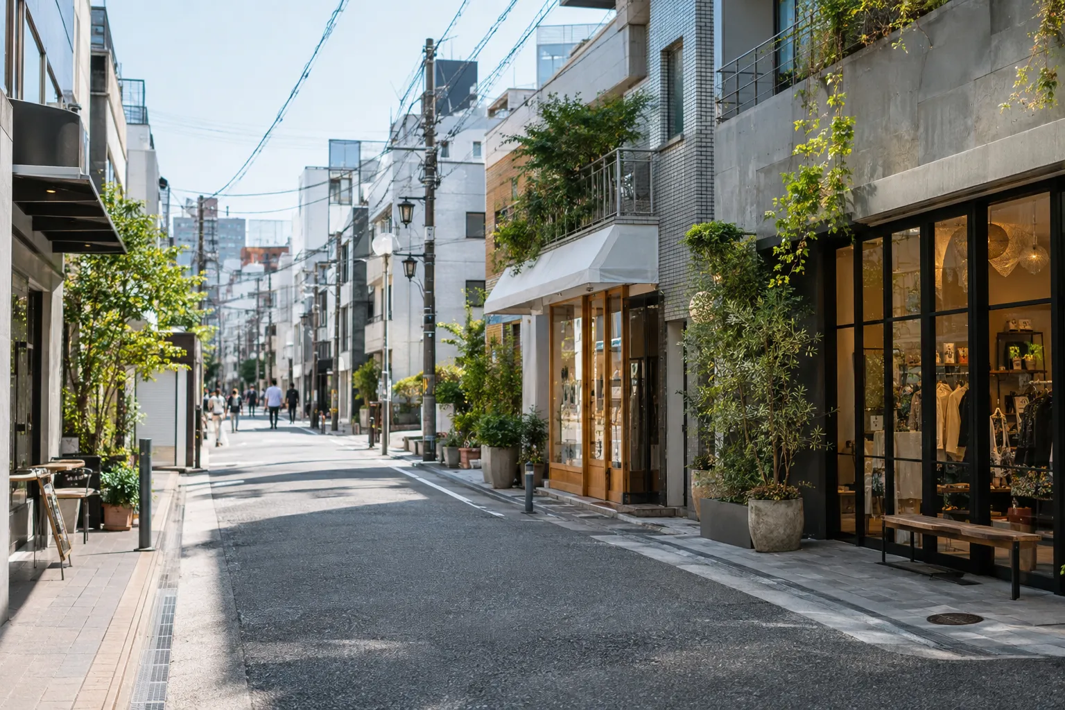 都心の商業ビルと路面店が並ぶ街並みのイメージ。実在地点の写真ではありません