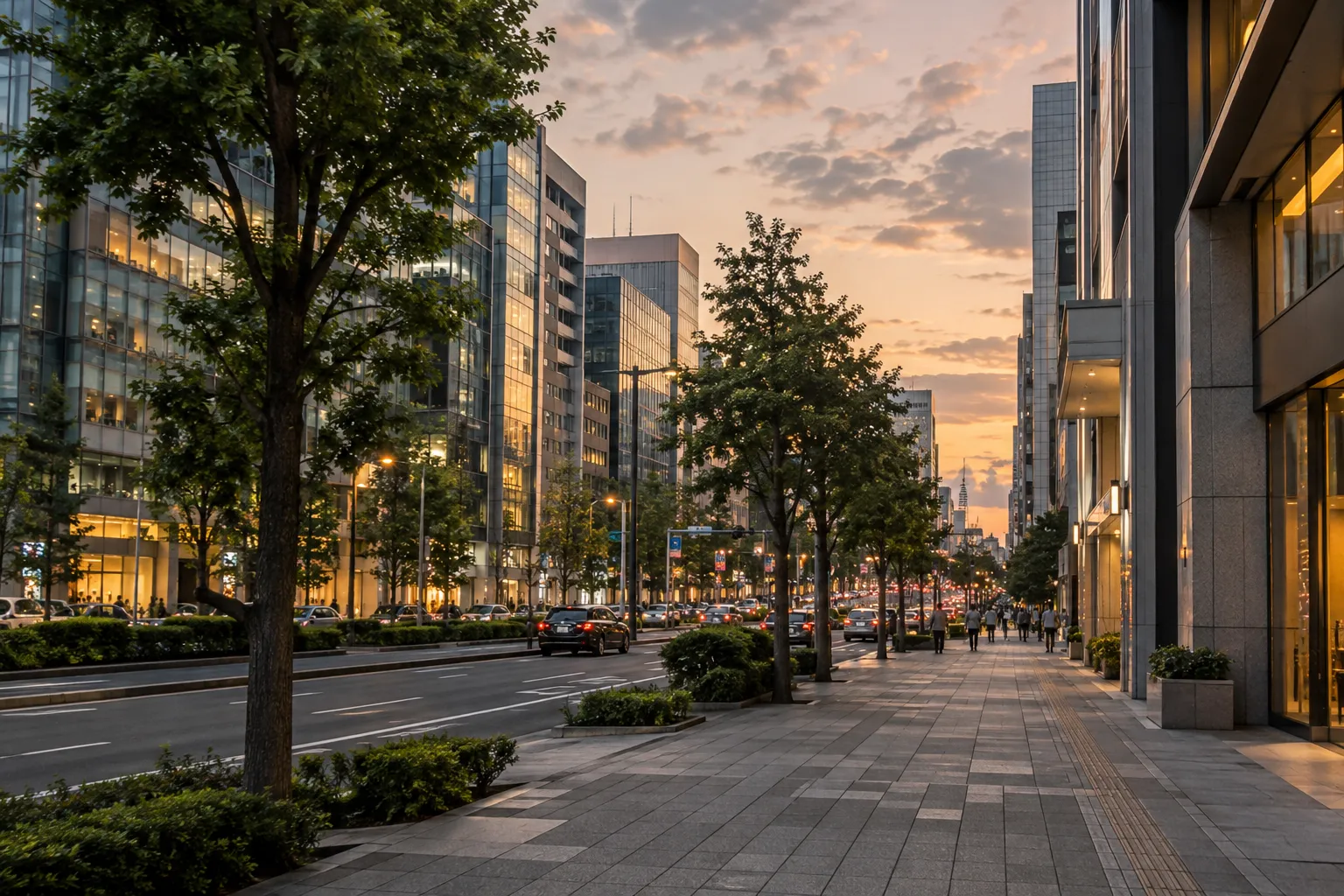 駅周辺のオフィスビルと路面店が並ぶ街並みのイメージ。実在地点の写真ではありません