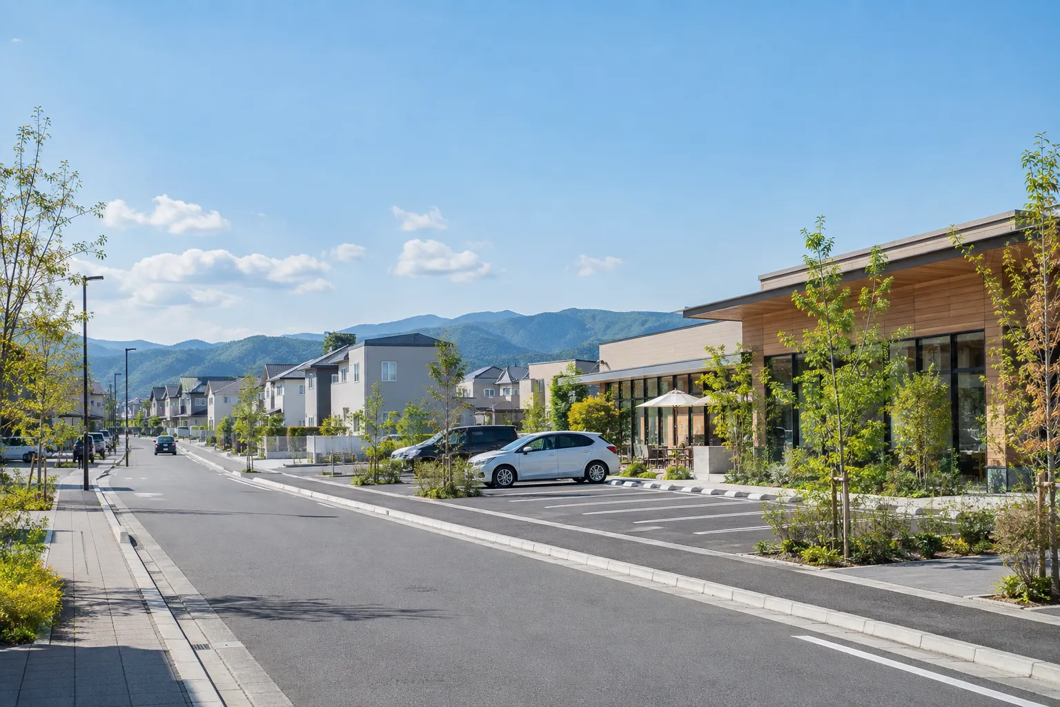 駐車場付きの低層店舗と住宅地のイメージ。実在地点の写真ではありません