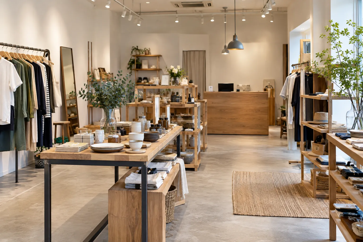 木製什器と衣類が並ぶ物販店内観のイメージ