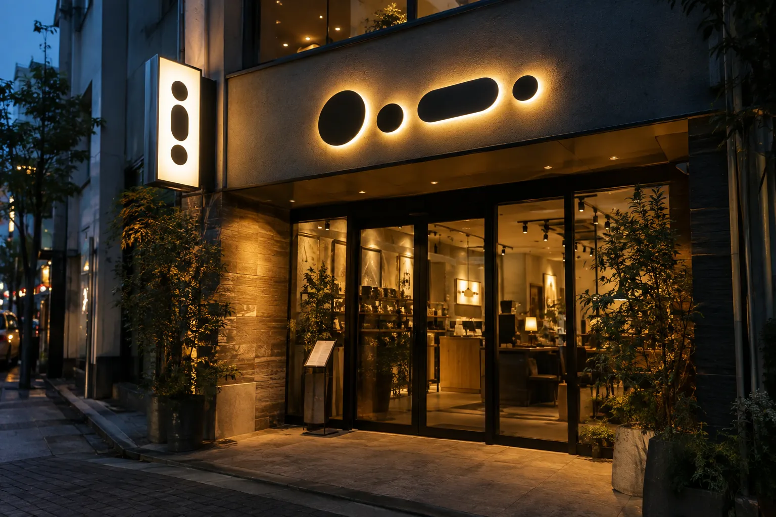 夕暮れの路面店で点灯する壁面看板と袖看板のイメージ