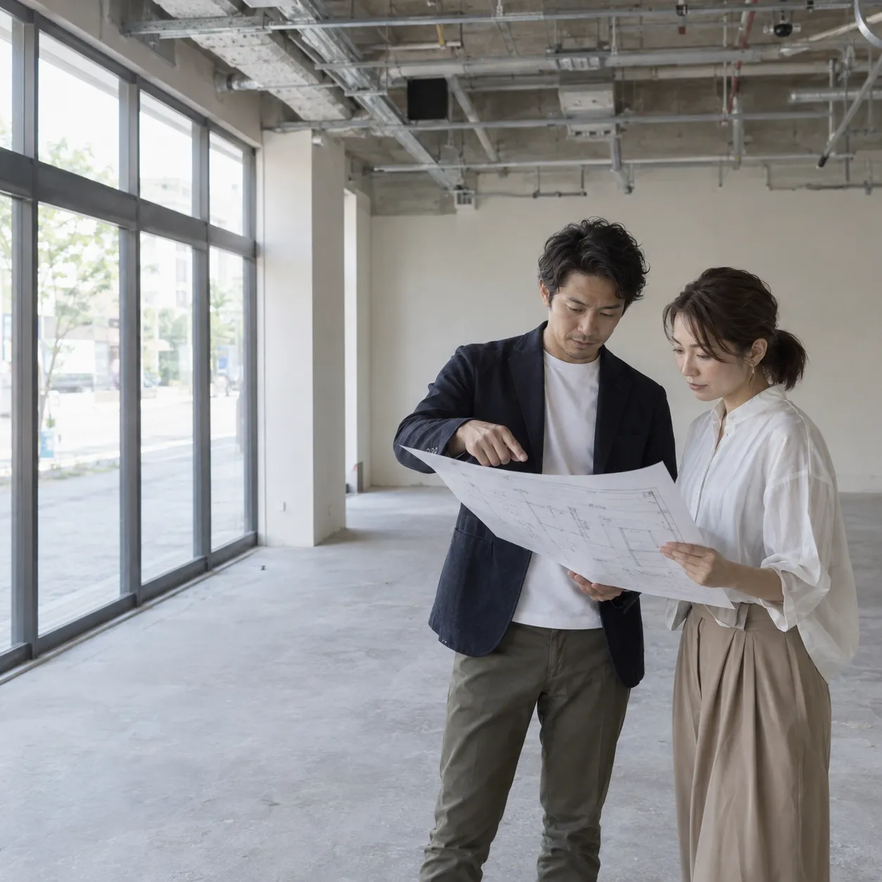 空のテナントで図面を見ながら相談する開業予定者のイメージ